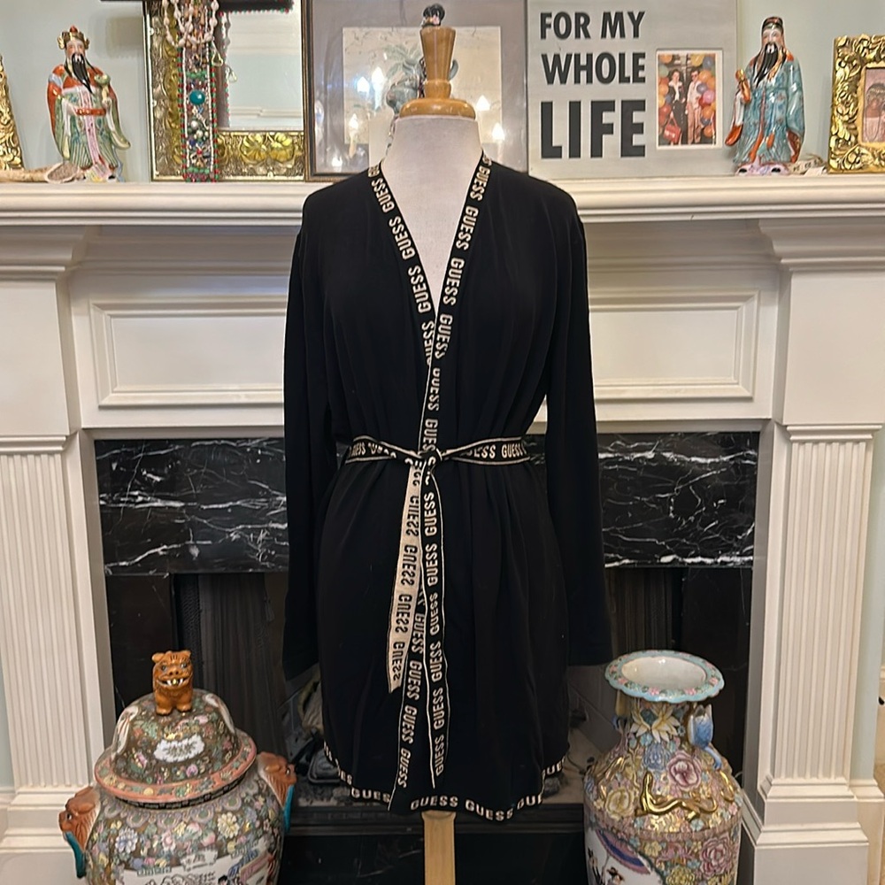 NWT “GUESS” black w/ beige trim long cardigan sweater